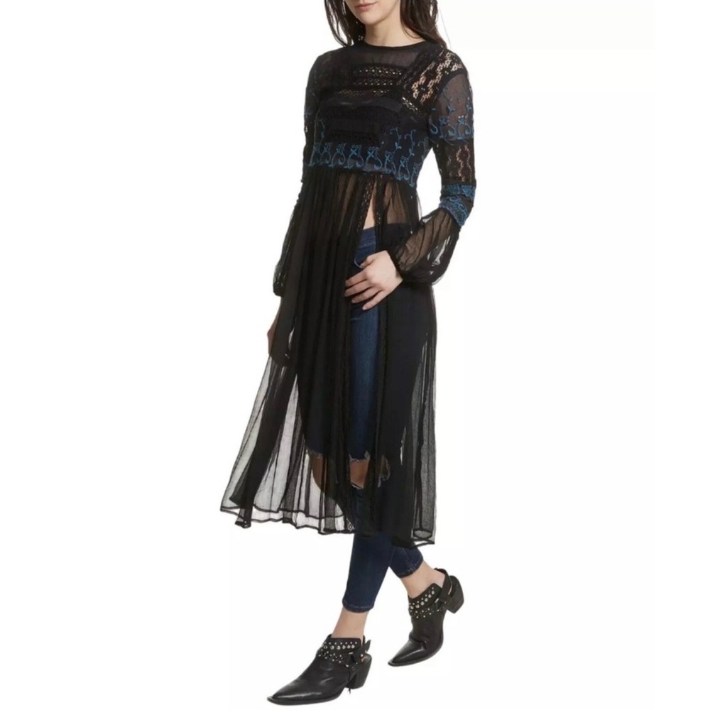 Free People Dress Womens XS Black Blue Lace Midi Boho Mesh Sheer Dark Whimsigoth